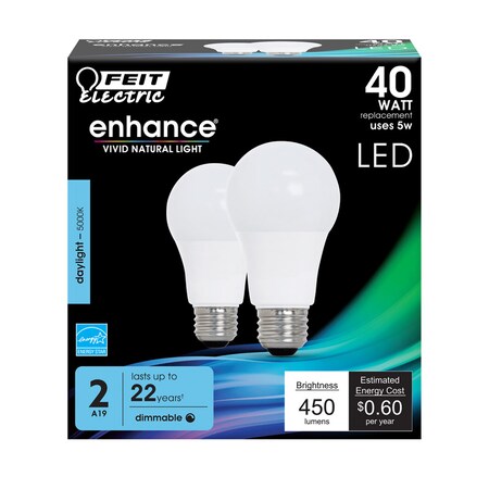 Feit Electric Feit Enhance A19 E26 (Medium) LED Bulb Daylight 40 Watt Equivalence 2 pk OM40DM/950CA/2